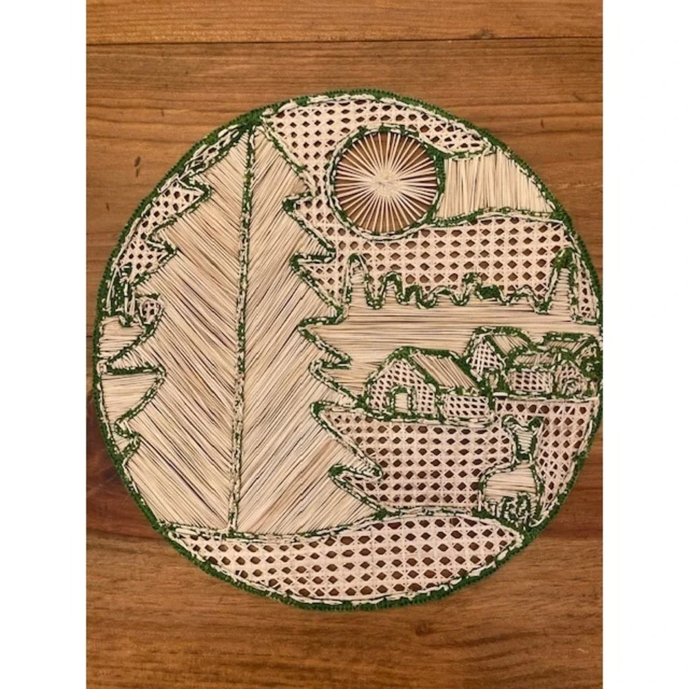 Vintage Woven Rattan Landscape Scene on Circular Hand Stitched Frame Wall Decor‎